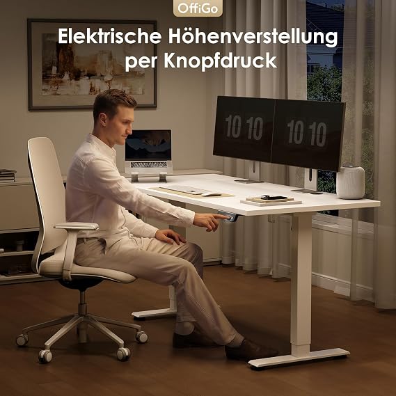 OffiGo Höhenverstellbarer Schreibtisch 140 cm Elektrischer Schreibtisch Ergonomischer Tisch mit Memory-Funktion Gaming Tisch Höhenverstellbar Moderner Computertisch für Zuhause Weiß