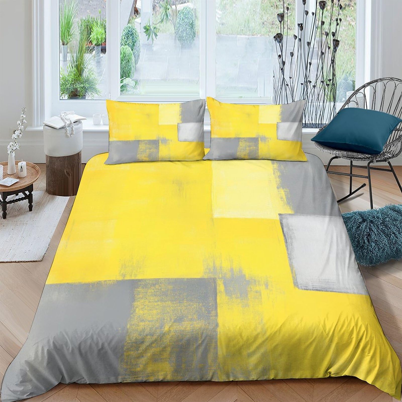 Linge de lit abstrait jaune vif pour chambre d'adulte et colocation style urbain moderne