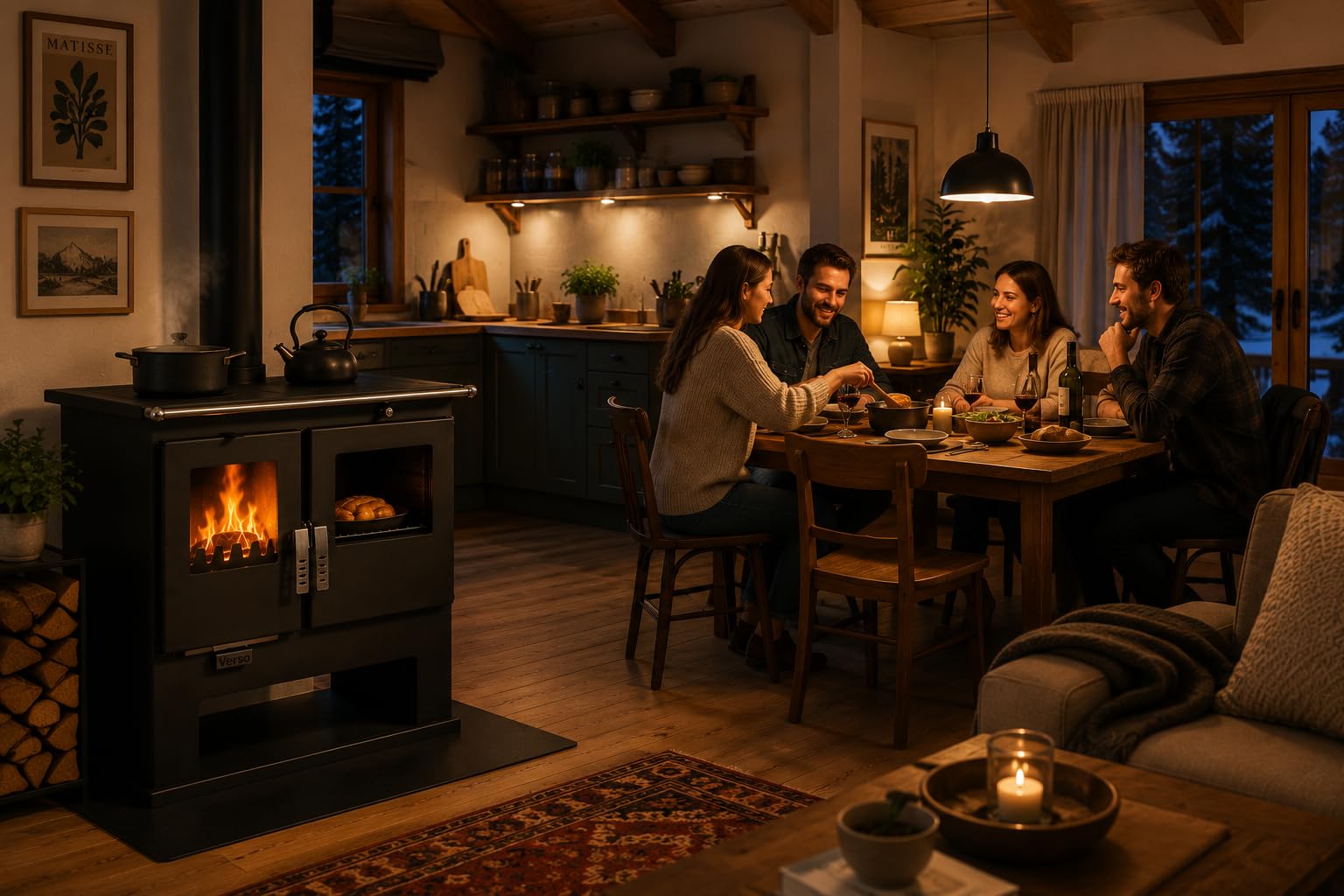 Verso CS Stufa a legna con forno 7,7 kW, 82,2% di alta efficienza, corpo in acciaio robusto, piano cottura in metallo e forno con termometro, riscaldamento per camino per 135-165 m³, scarico fumo da