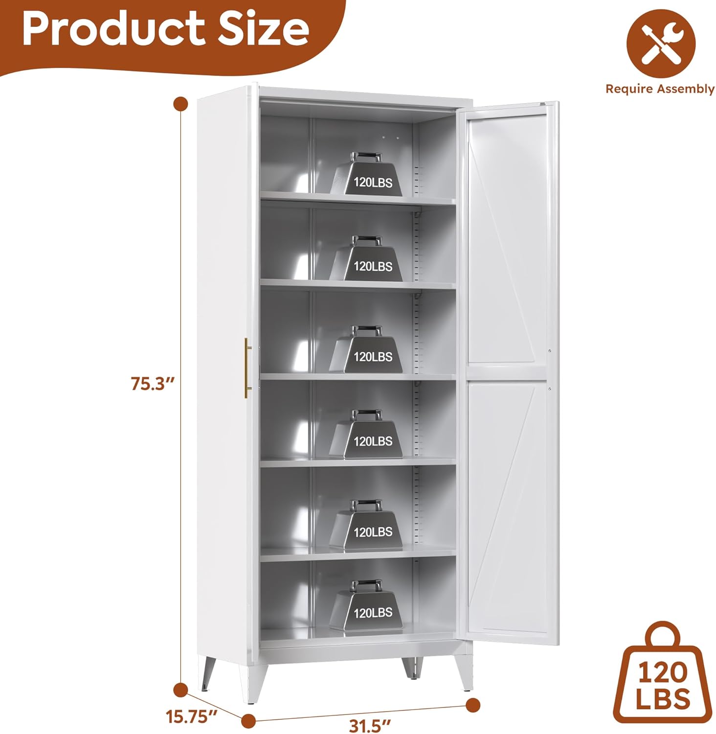 75" Tall Kitchen Pantry Cabinet with 5 Adjustable Shelves, Metal Storage Cabinet with Doors for Food Pantry, Rice-Shaped Embossed Panels, Heavy Duty Steel Storage Organizer for Office & Home