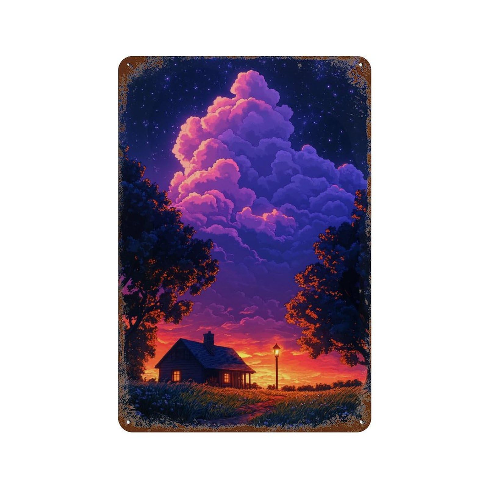 Garage Style Magical Sunset Cottage Scene Aged Metal Wall Plaque 11.8"x7.9", Industrial Home Decor for Bar And Workshop