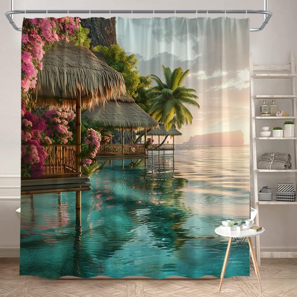 GLWDMB 1 Piece 180x220CM Tropical Paradise Beach Landscape Shower Curtain Printed Shower Curtain With Hook, Polyester, for Windows And Walls, Bathtub, Bathroom, Machine Washable, All Season Universal