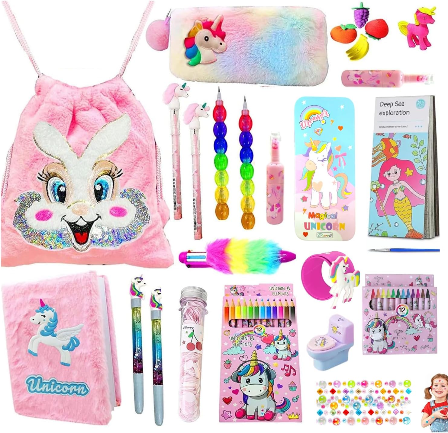 Unicorn Stationery Combo Set – School Bag & Pencil Pouch for Girls | Birthday Gifts & Kanjak Gift Set | Includes Bag, Unicorn Pouch, Fur Diary, Papper soap, Slap Band
