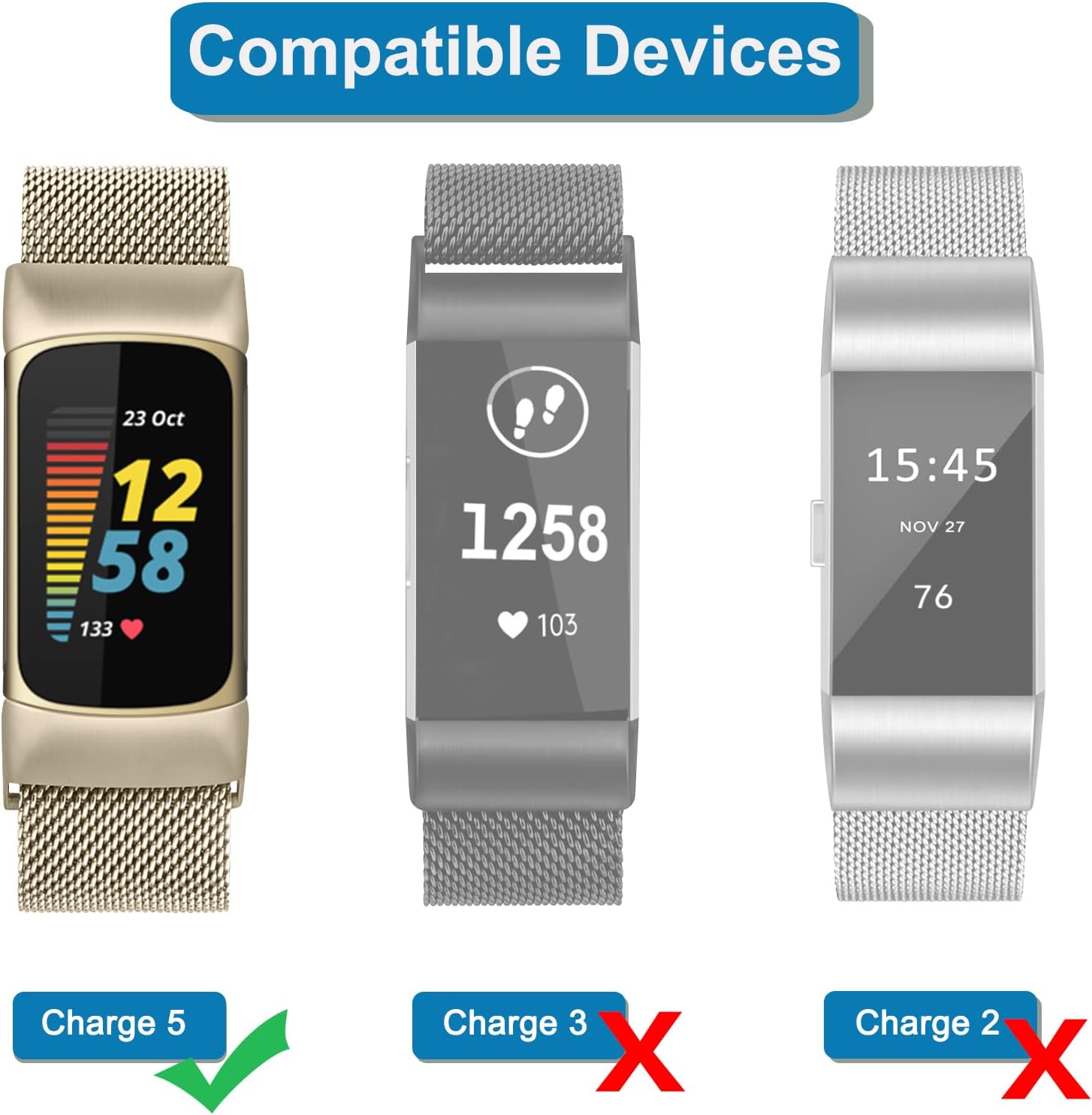 Tobfit Metal Band Compatible with Fitbit Charge 5 Bands for Women Men, Magnetic Clasp Stainless Steel Mesh Loop Strap (Black & Soft Gold)