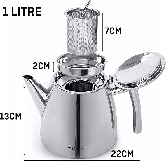 VeoHome Stainless Steel Tea Pot with Infuser - Keeps Heat Thanks to its Double Wall, Silver (1 Liter (34 oz))...