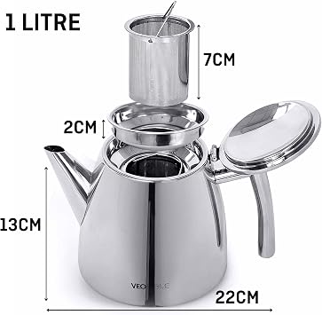 VeoHome Stainless Steel Tea Pot with Infuser - Keeps Heat Thanks to its Double Wall, Silver (1 Liter (34 oz))...