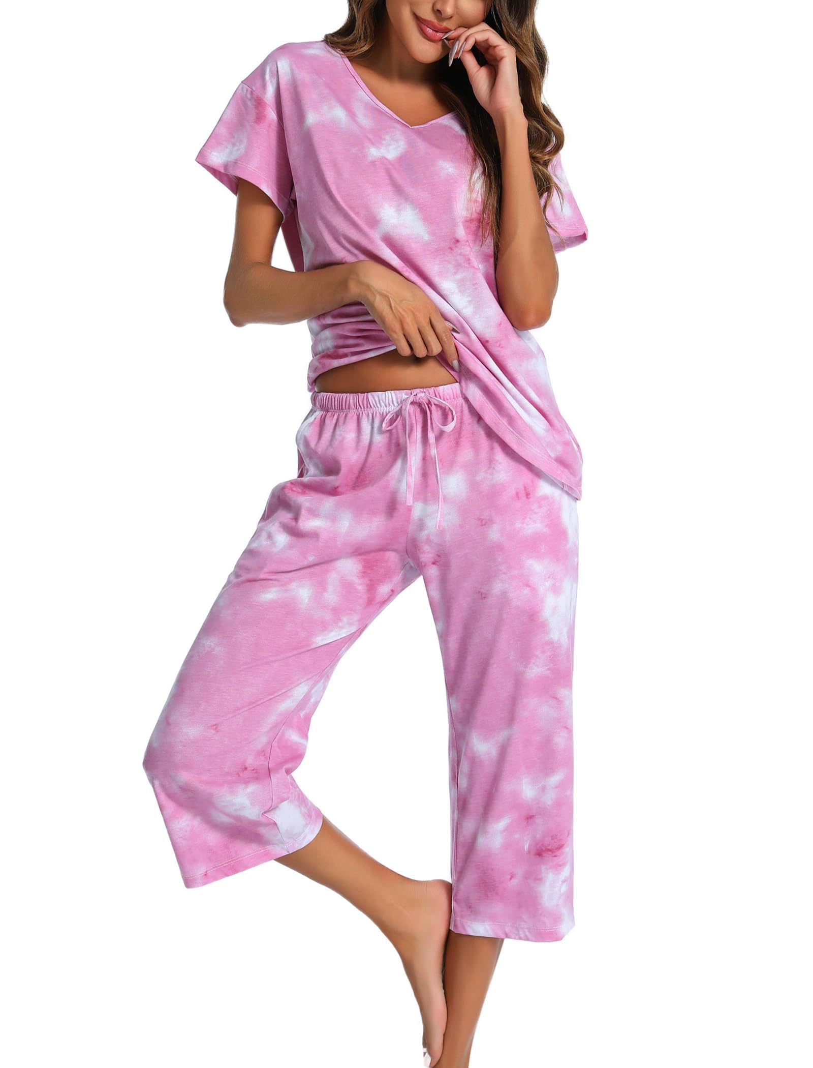 Pigiama da donna a maniche corte e pantaloni lunghi a 3/4, set pigiama