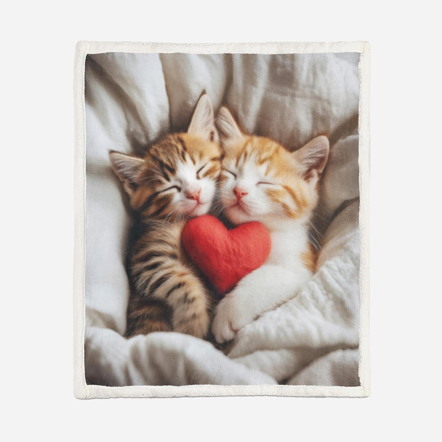 AILONEN Sleeping Cat Throw Blanket,Cute Kitten Animal Printed Fleece Sherpa Blanket for Kids Teens Girls Boys,Red Love Heart Soft Cozy Blankets Bed Sofa Decor, 70 x 55 Inches