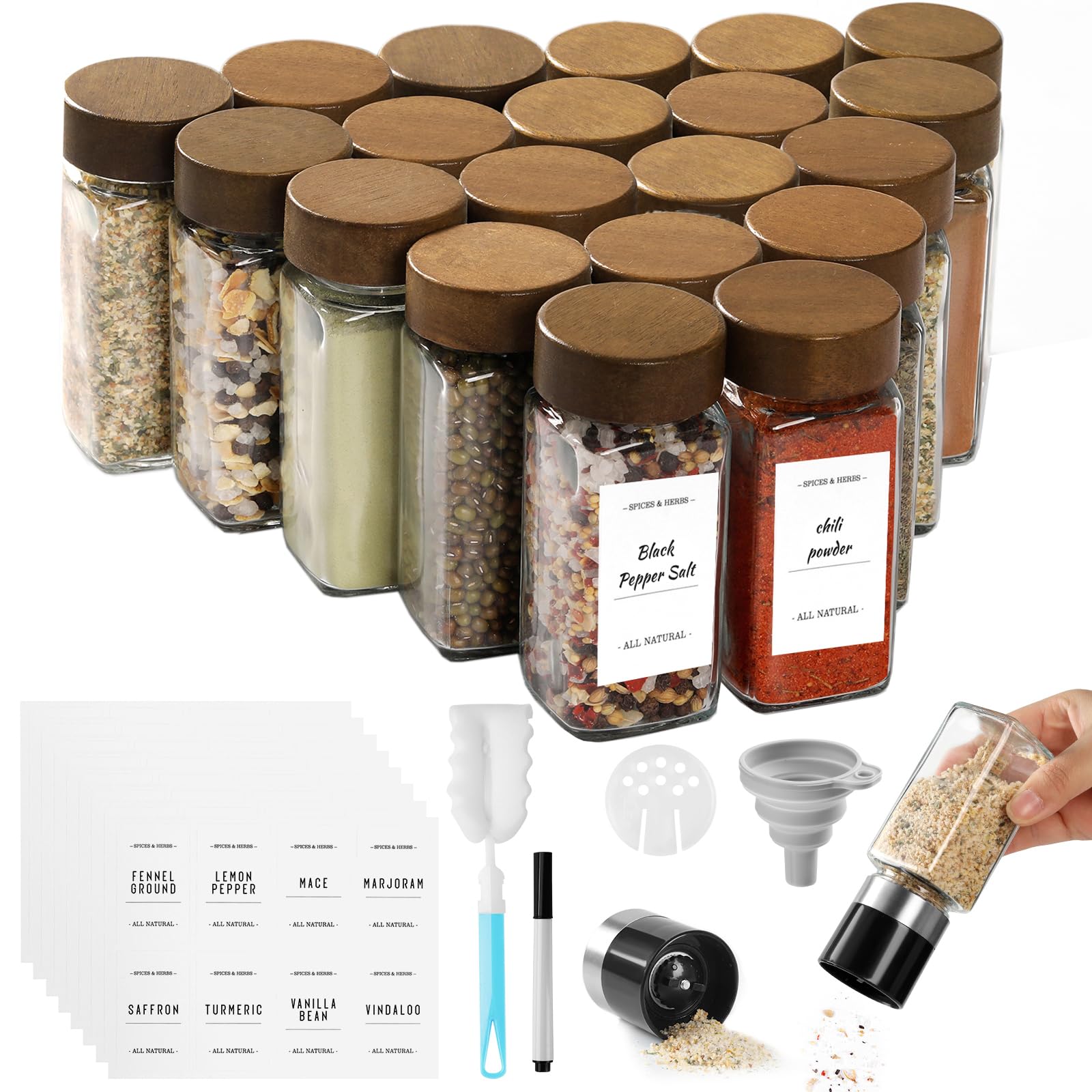 FRIBERG Pot a Epices en Verre et Bois, 20 Pots à Épices de 120ml Bocaux à Épices avec 2 moulins à épices pour le stockage des épices,pot epices verre avec étiquettes à épices