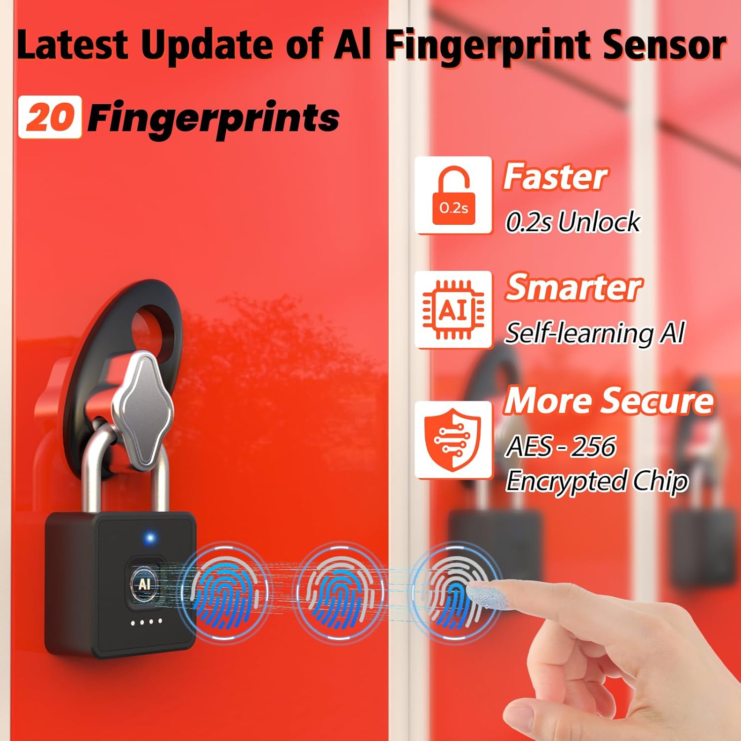 Close-up of the Anweller P7BF smart padlock's fingerprint sensor with a finger interacting, illustrating fast 0.2s unlock.