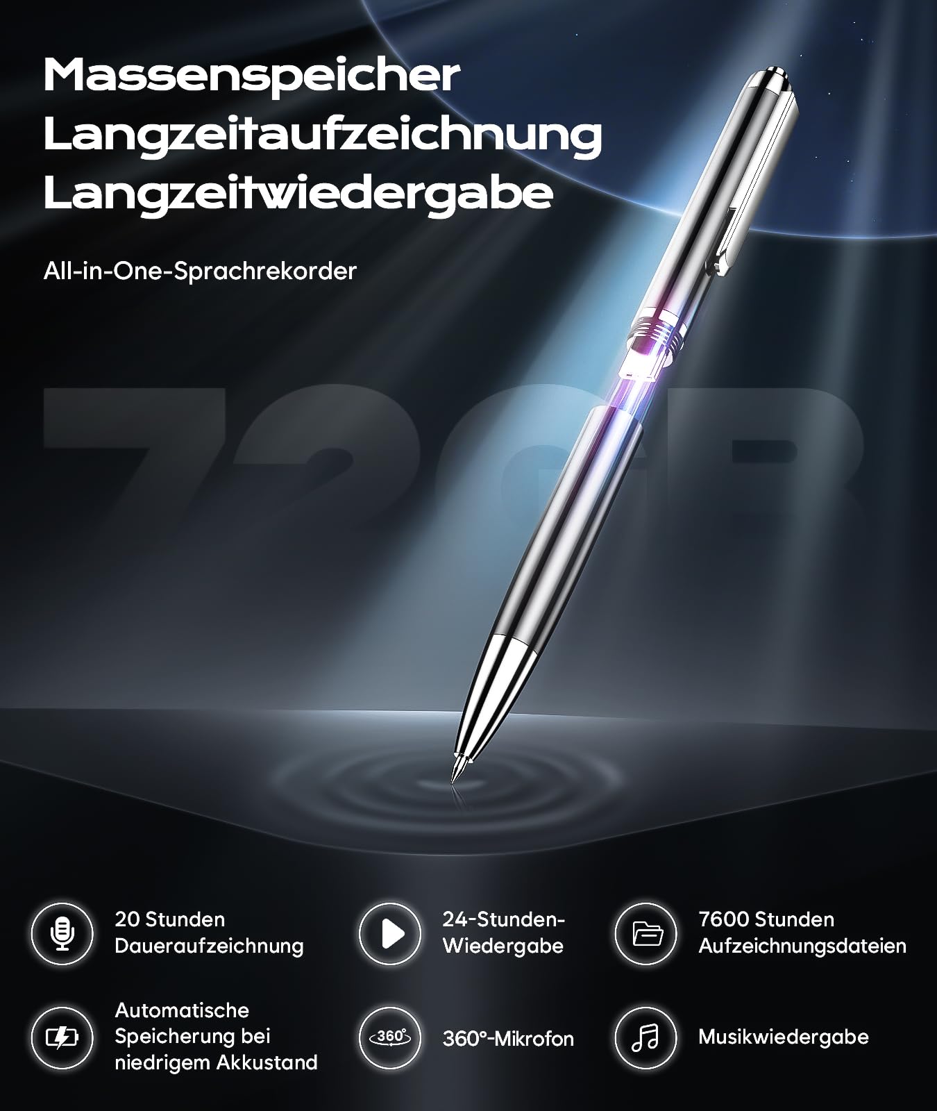 72GB Diktiergerät mit USB-C, 1800h Speicher Diktiergerät Aufnahmegerät, Wiedergabe mit DSP-Rauschunterdrückung & HD-Audio Voice Recorder, Digitales Diktiergerät für Unterricht, Meetings, Interviews