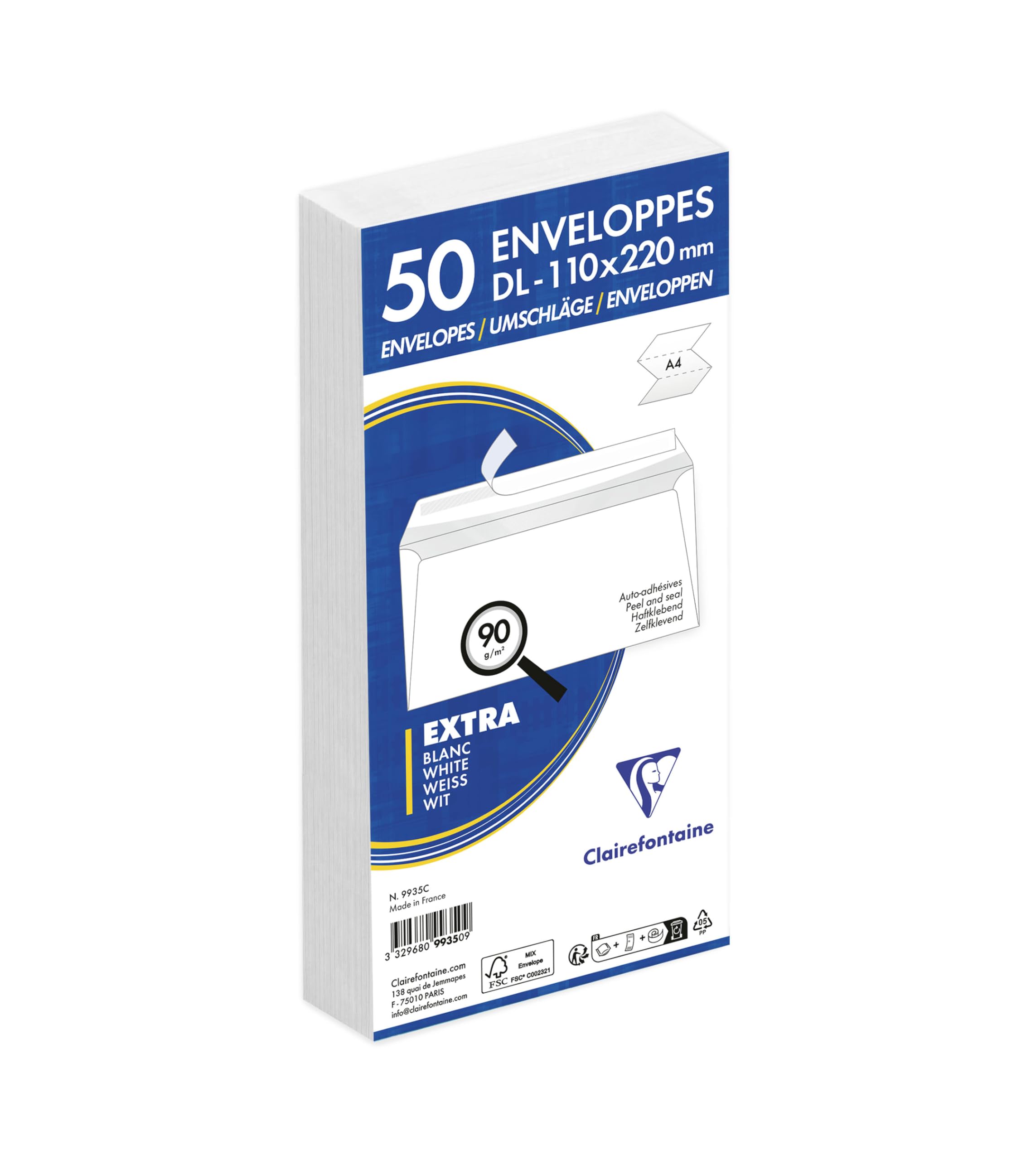 Clairefontaine 9935C - Package of 50 White Envelopes - Size: DL-110x220mm - Self-Adhesive - 90g/m² - White Colour - Correspondence - Manufactured in France