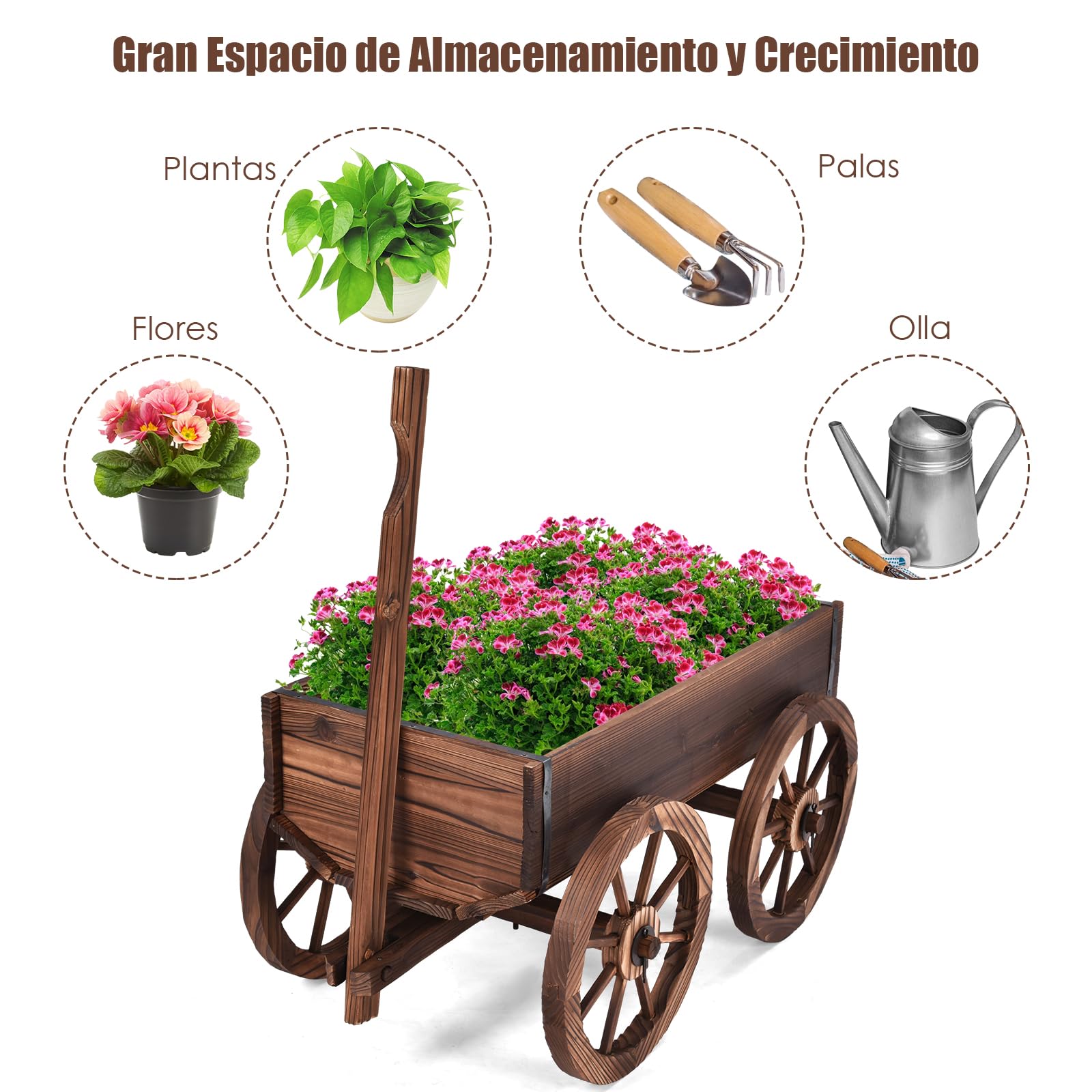 GOPLUS Carrito de Madera para Planta con 4 Ruedas y Mango, Macetero Decorativo Exterior con 2 Agujeros de Drenaje, Jardinera Jardín para Terraza, Patio, 65 x 34 x 20 cm, Marrón