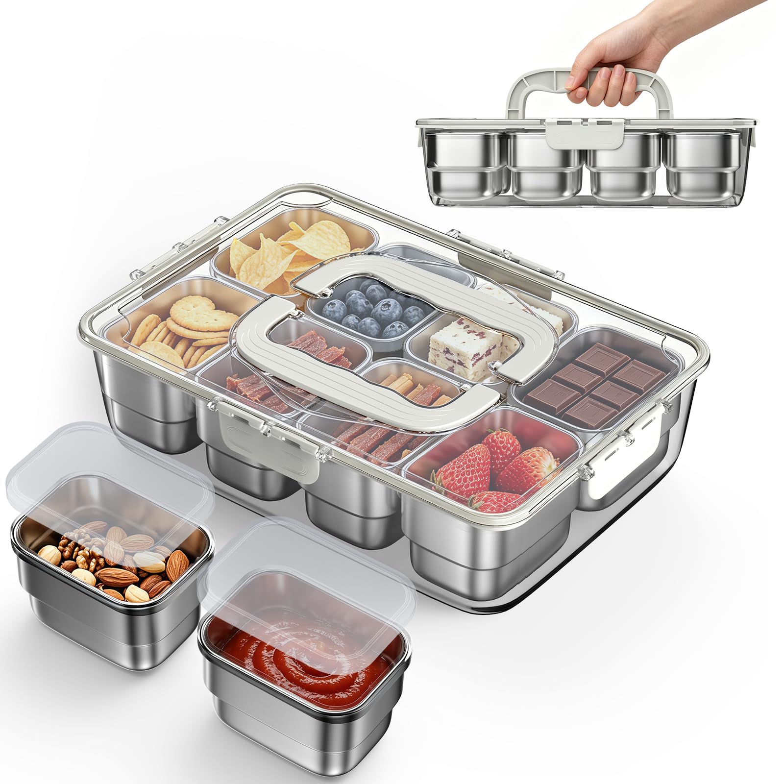 HiTauing Caja para aperitivos con 8 compartimentos de acero inoxidable, plato de aperitivos con asa y 8 tapas individuales, evita la transferencia de olores Ldeal, fácil de limpiar