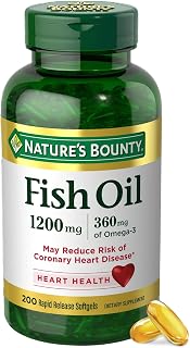 Nature's Bounty Fish Oil 1200mg Omega-3 Supplements for Heart Health - Burpless 360mg EPA/DHA, 200 Softgels