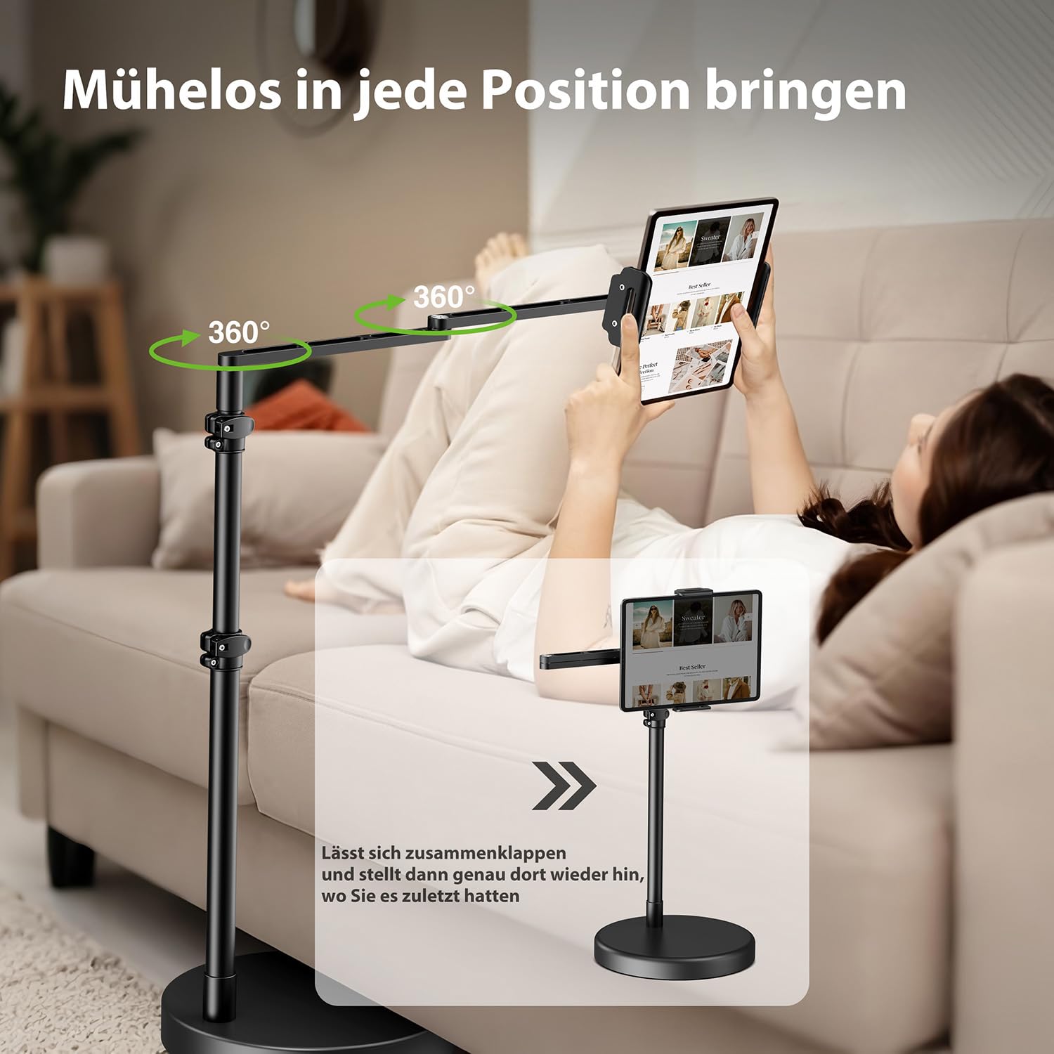 elitehood Schwenkbar Tablet Bodenständer Höhenverstellbar für Bett | Aluminium iPad Ständer Halterung für Bett, Sofa mit Frei Einstellbarem, Kompatibel mit iPad mini/Air/Pro 12.9" & 4.7–13"