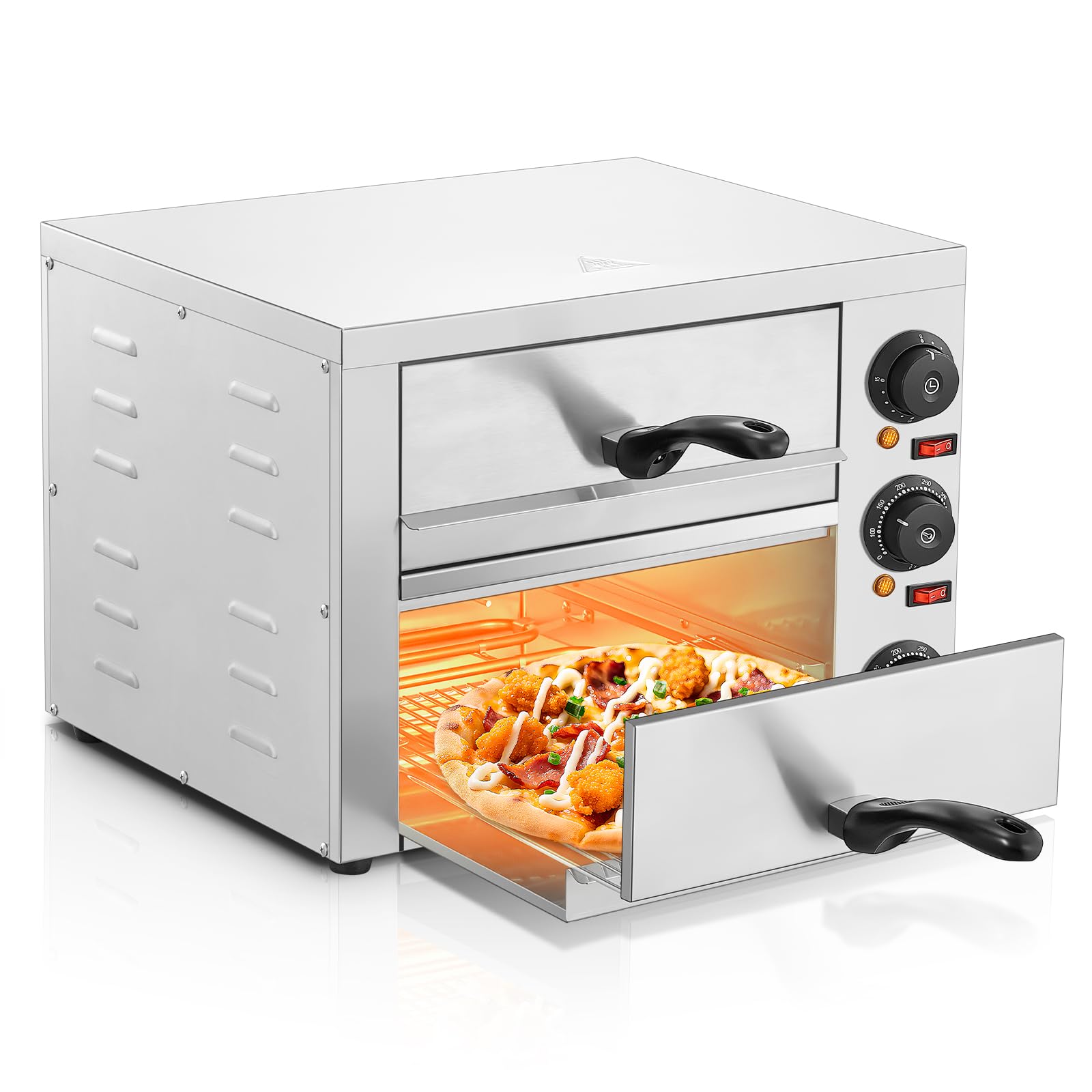 Professional Doppel Pizzaofen 3000W, 12 Zoll Kommerzieller Pizzabackofen Elektrisch Edelstahl mit 15-Minuten-Timer 350℃ für Pizza, Brot und Backwaren