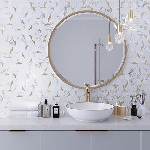 Miniatura 6 de Azulejo de pared para salpicaduras de pelar y pegar. 10 láminas autoadhesivas de mármol sintético hexagonal blanco y dorado de 11.6 x 11.5 pulgadas,