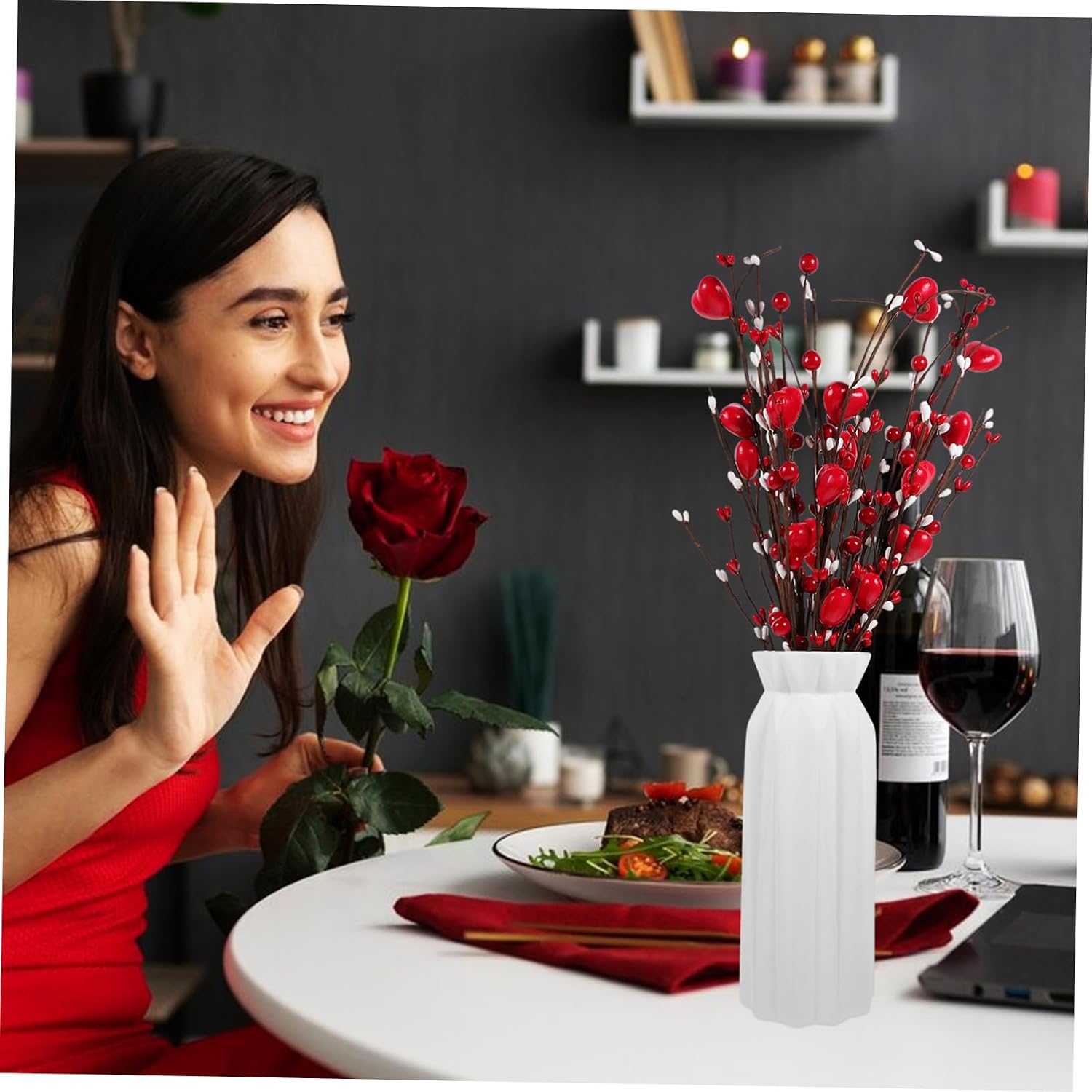 PRETYZOOM 6pcs Fake Berry Flower Picks with Heart Charms for Valentine Day Floral Arrangements for Home Office and