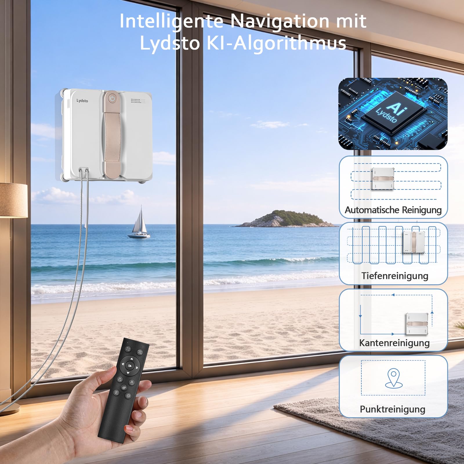 Lydsto WL07 Max Fensterputzroboter mit Sprühfunktion kompakt, Vier Ultraschall Wasserdüsen, Eckenreinigung, 8000Pa Elektrischer Fensterputzer 110ML Tank, 4 Reinigungsmodi (Weiß)