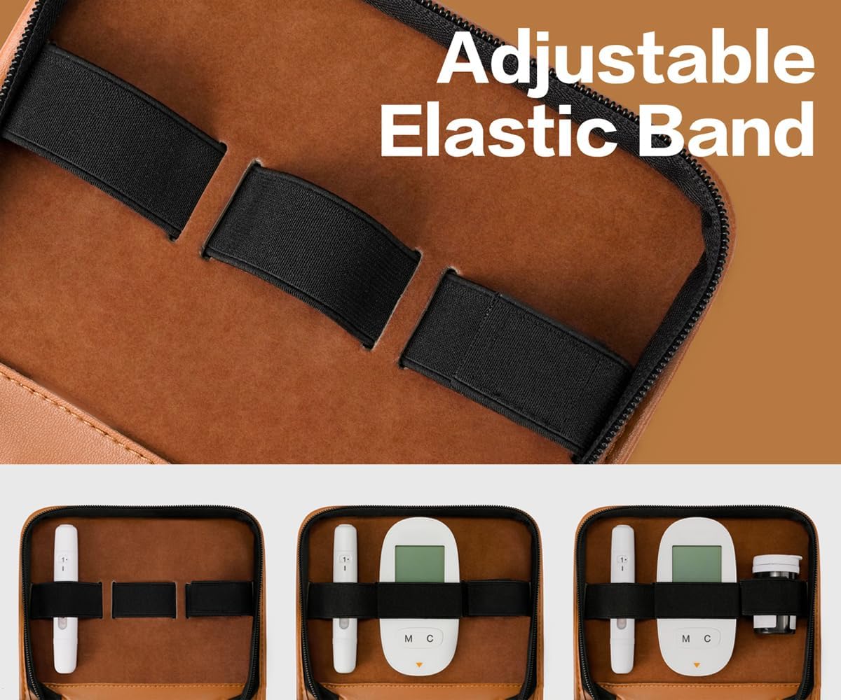 Blood Glucose Monitor Kit, Durable Eco-Friendly PU Leather Diabetic Insulin Supplies Carrying Case, Blood Glucose Meter Storage Organize Bag with Adjustable Capacity and Multi-Pocket Design