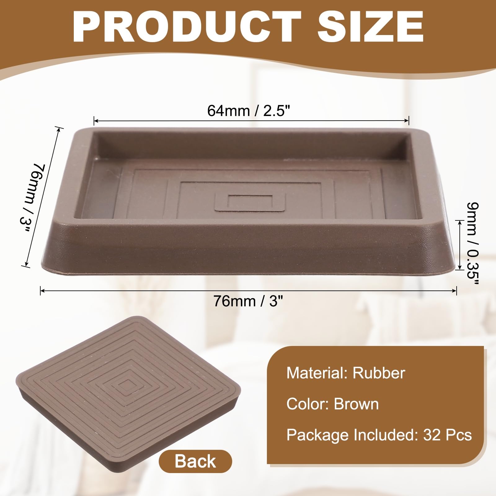 QUARKZMAN 32 Piezas De Protectores De Piso Cuadrados para Patas De Muebles De 3x3 Pulgadas De Goma para Suelos De Madera, Marrones (Adecuados para Patas De Silla De 2.5 Pulgadas)