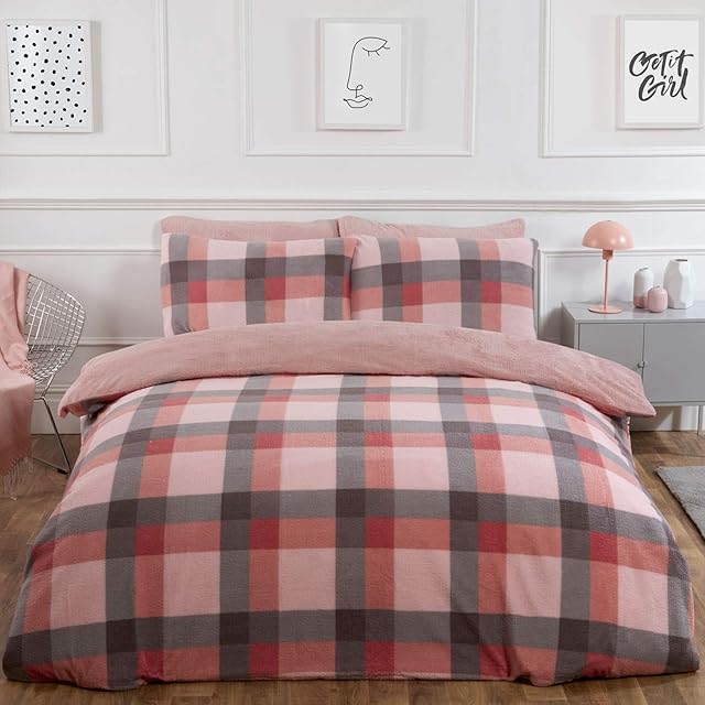 Dreamscene Check Tartan Winter Check Teddy Fleece Fluffy Reversible Ultra-Soft Easy Care Duvet Cover with matching Pillowcase, Blush Pink Grey, Double