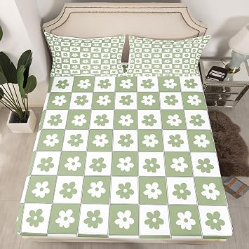 Erosebridal Checkered Daisy Bed Sheets Twin Sage Green Buffalo Plaid Fitted Sheet Cute Groovy Flower Checkerboard Bedding Set for Kids Boys Girls,Fashion Floral Gingham Grid Bed Cover 2 Pcs