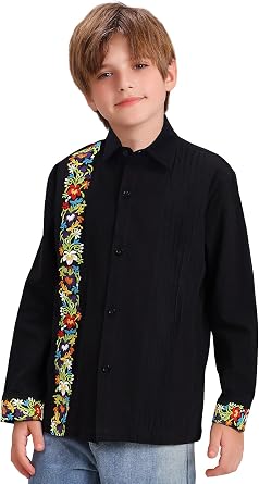 Mexican Shirts for Boys Guayabera Traditional Embroidered Kid Cinco De Mayo Fiesta Collared Long Sleeve