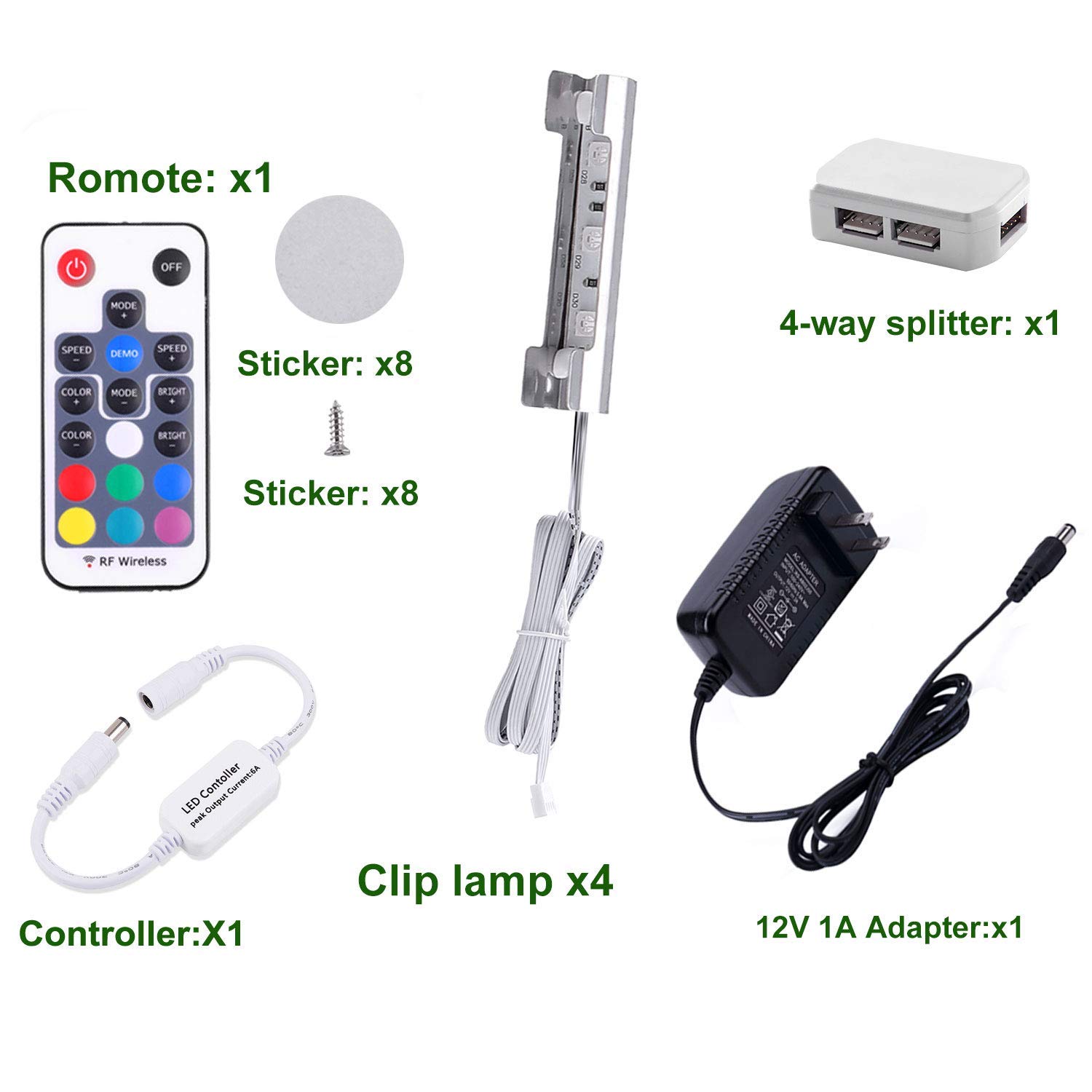 AIBOO LED Under Cabinet Night Lights Kit for Glass Edge Shelf Back Side Lighting Using Flexible Cable and Clip with RF Remote(4 Lights,RGB)