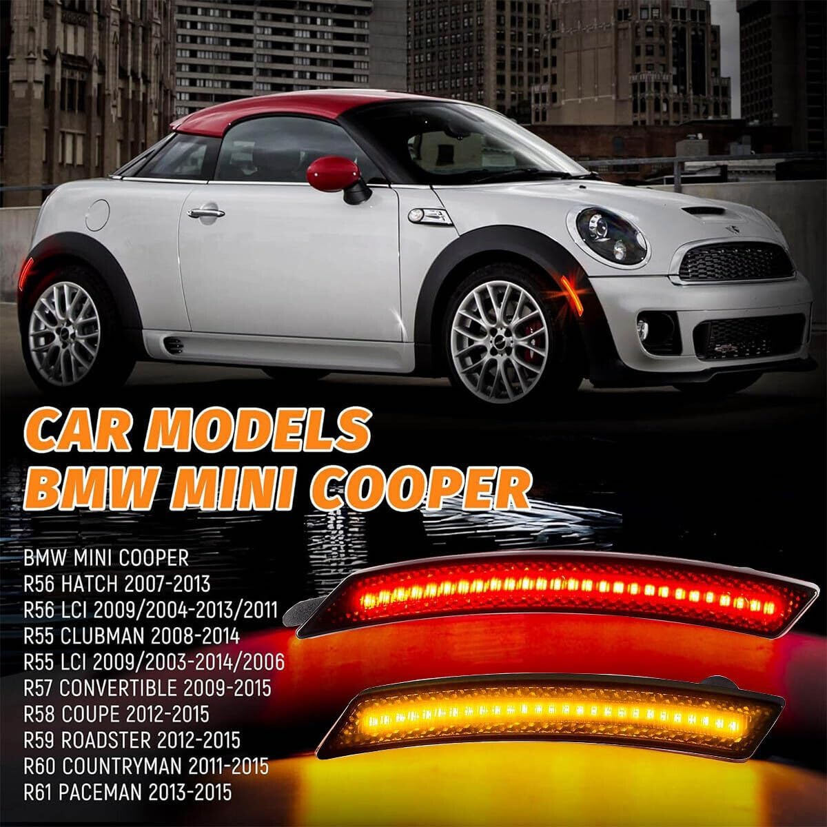 4 PCS Amber/Red Front Rear LED Side Marker Lights Assembly Replacement for 2007-2013/14 Mini Cooper R55 R56 R57 R58 R59 R60 R61, Smoked Lens Front Rear Bumper Marker Lamps Reflectors