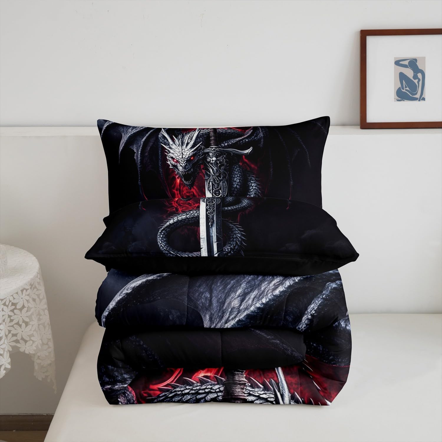 Castle Fairy Black Dragon Bedding Set Full Size,Dragon Sword Comforter Set 3Pcs for Kids Girls Boys Teens Room Decor,Western Magical Animals Quilt Set Ultra Soft Dark Red Duvet Insert,2 Pillowcases