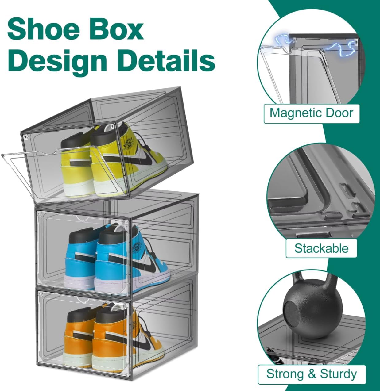 SAI Vault Global Clear Shoe Storage Boxes with Magnetic Door, Stackable Collapsible Organizer for Sneakers, 6 Pack