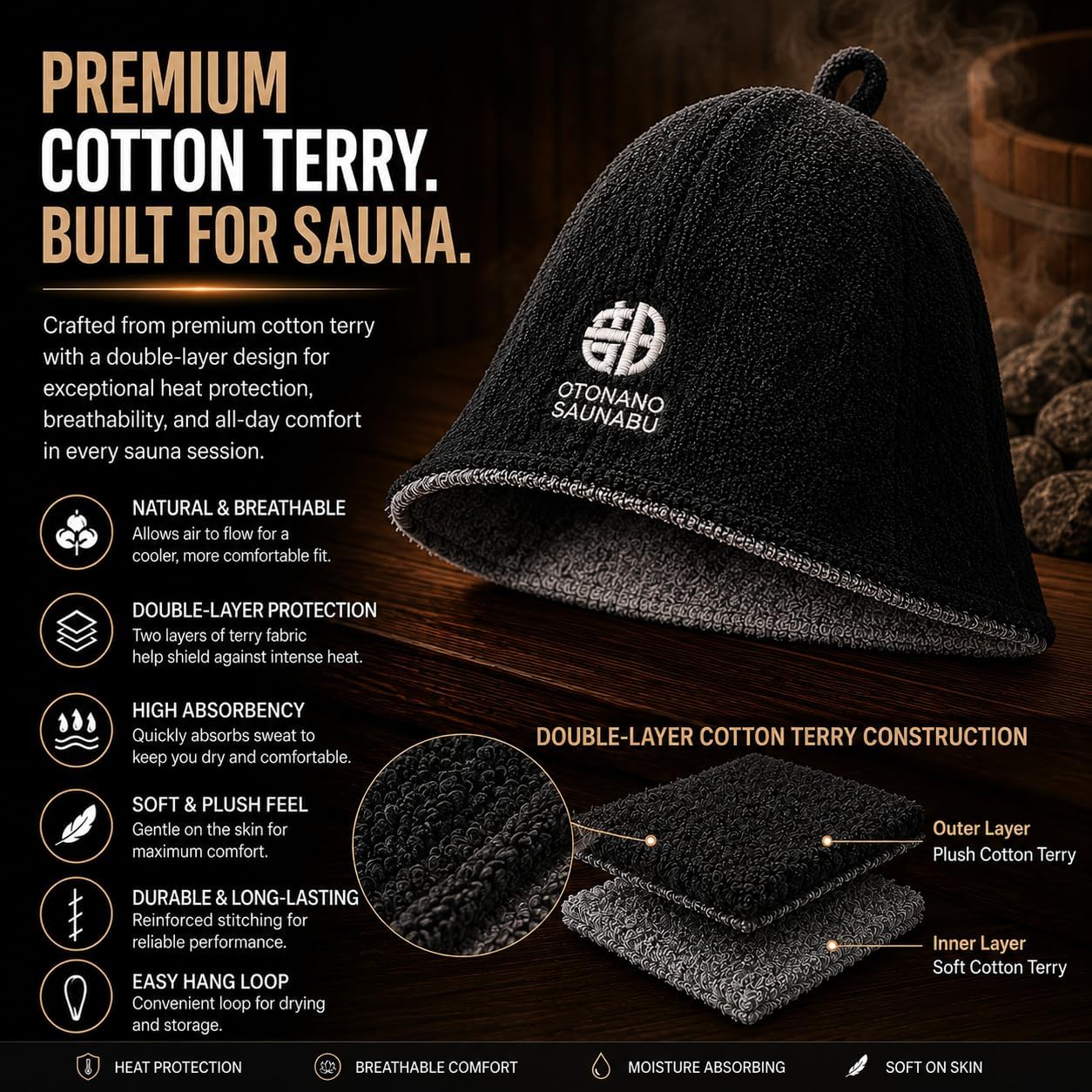 100% Cotton Sauna Hat, Double-Layer Reversible Cap, Japanese Design image 5