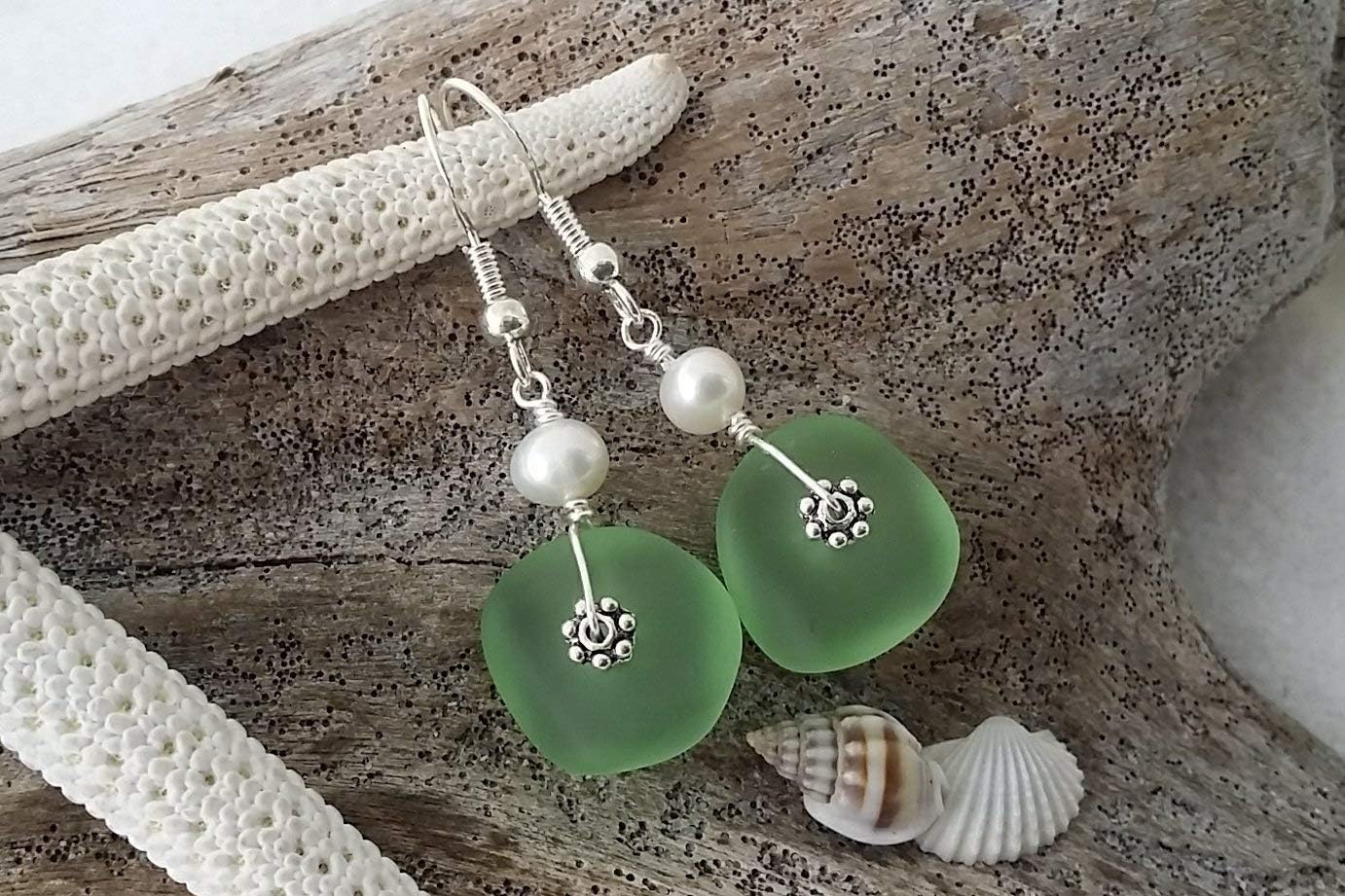 Handmade Sea Glass Earrings, Hawaiian Jewelry for Women, Wire Earrings Pearl Earrings, Unqiue Earrings Beach Jewelry Birthday Gift For Women