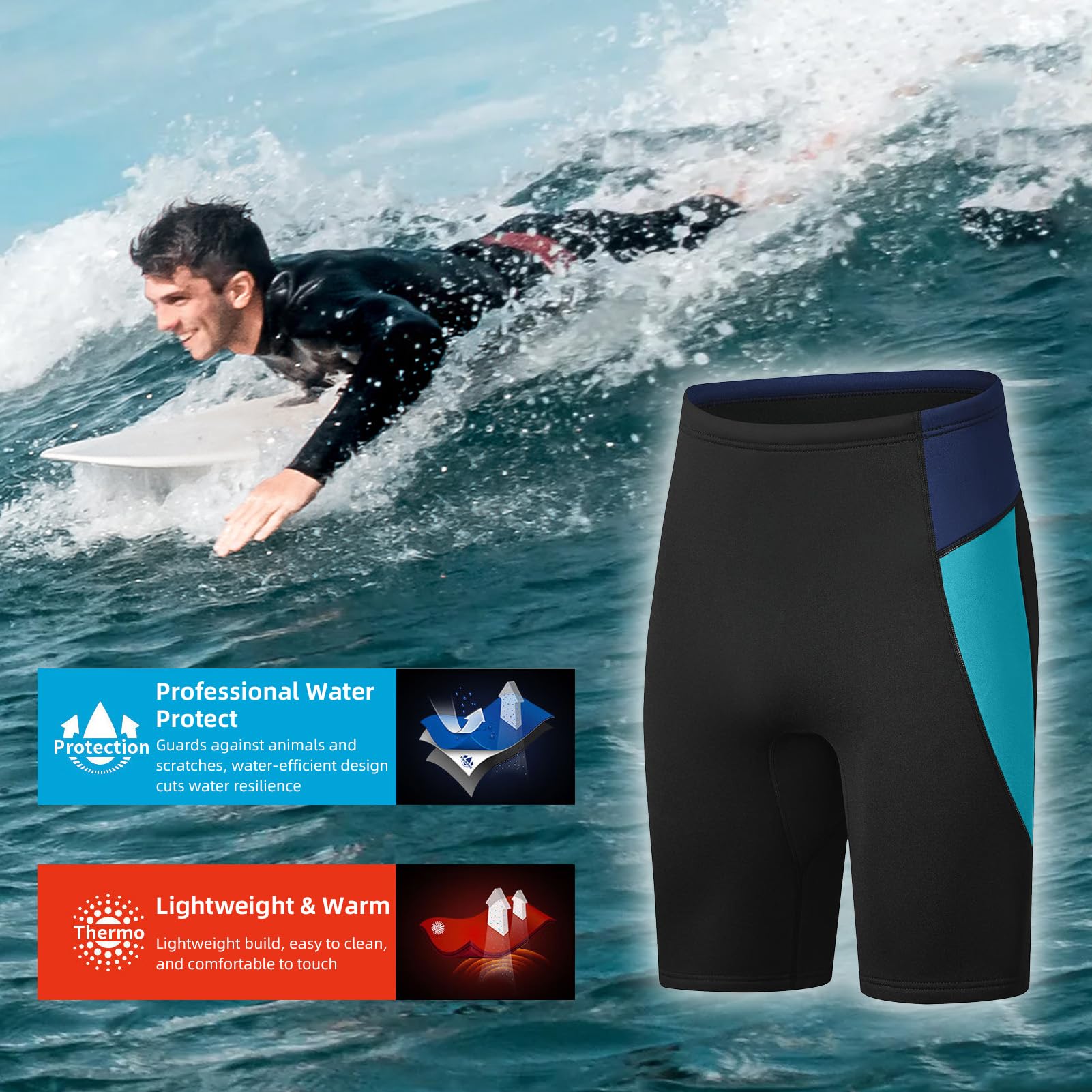 Short de plongée pour homme en néoprène 3 mm pour plongée, surf, sports nautiques, avec tuba et kayak