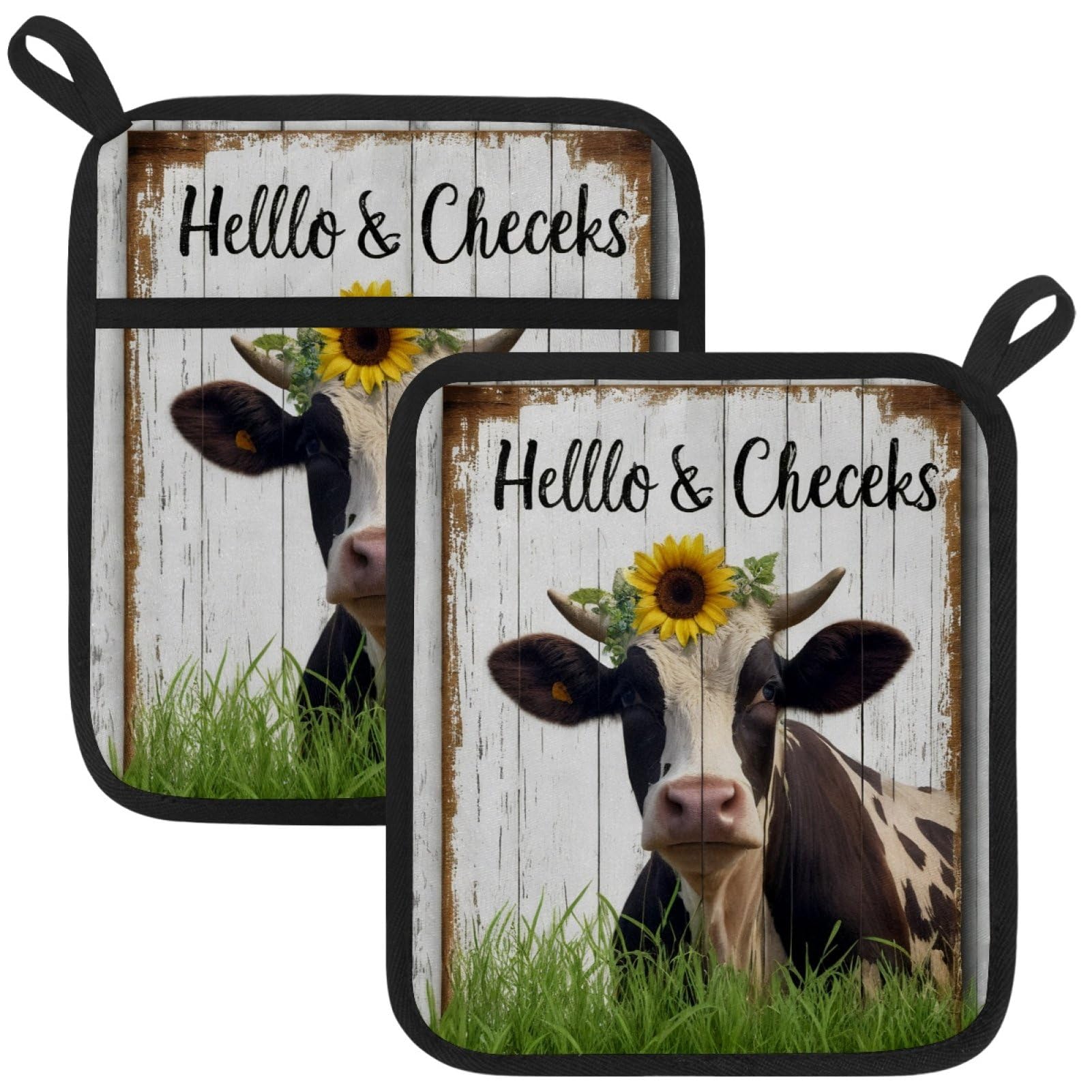 VAPOKF Farmhouse Highland Cattle Pot Holders with Pocket for Kitchen Heat Resistant Potholders Large Polyester-Cotton Square Oven Mitts Set
