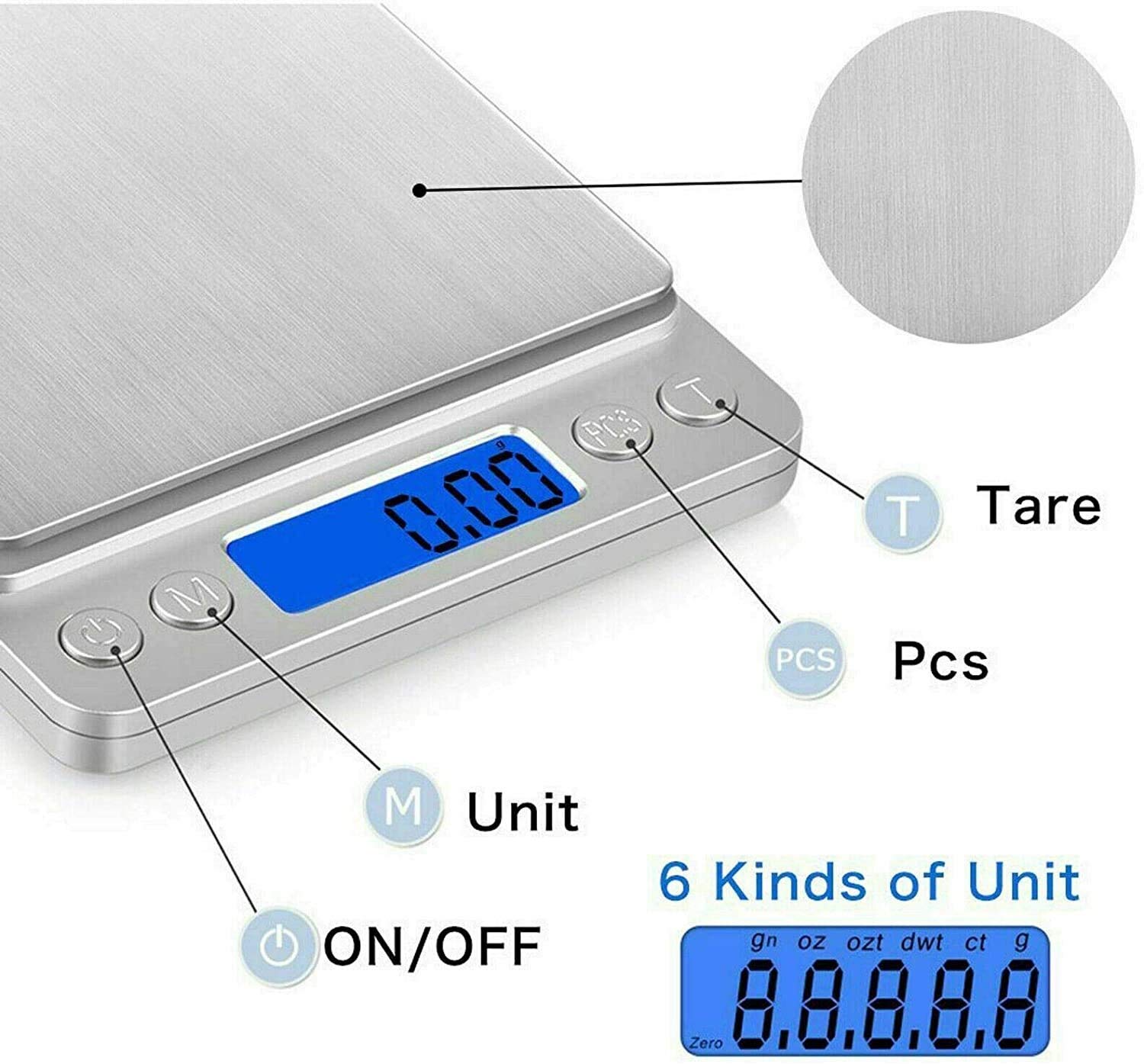 Báscula Digital para Cocina y joyería, báscula de Cocina Digital, báscula eléctrica para Alimentos para Pesar, Panel de Acero Inoxidable de 0,01 g a 500 g, Mini báscula de Bolsillo Cuadrada
