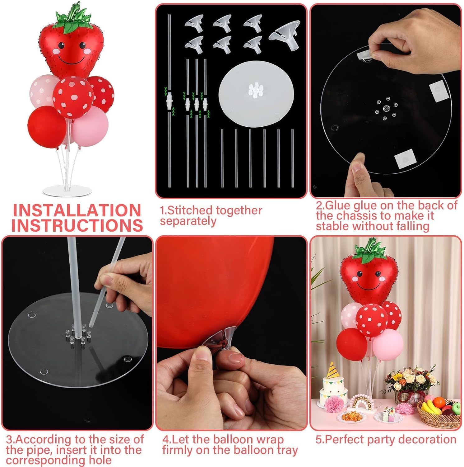 Strawberry Party Balloons Stand Kit 2 Sets with 2 Strawberries Foil Balloons Sweet Strawberry 1st Party Balloon Centerpieces for Tables for Girls Strawberries Birthday Themed Decorations