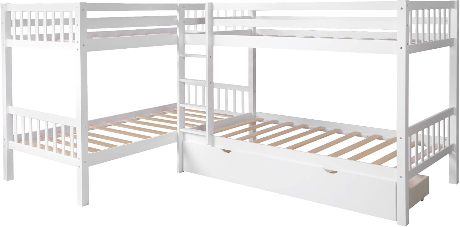 Harper & Bright Designs Twin L-Shaped Bunk Bed with Storage Drawers, Wooden Bunk Bed for 4, White