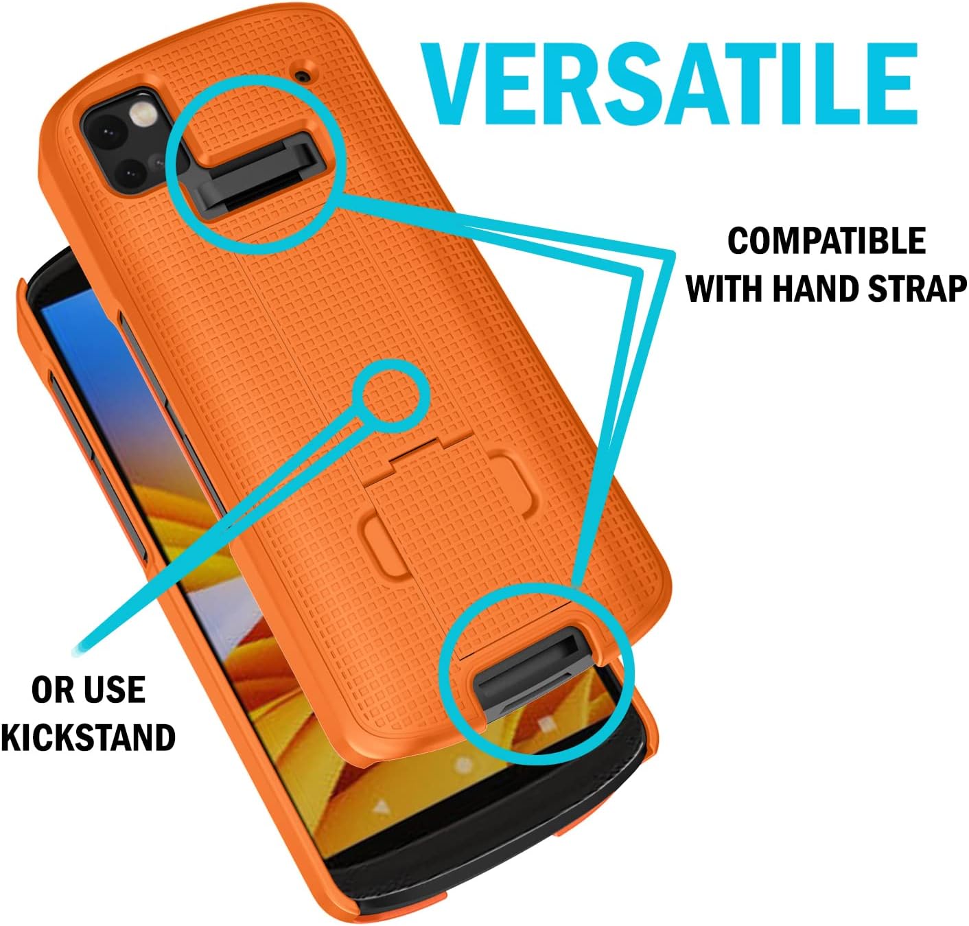 Nakedcellphone Case + Hand Strap Combo for Zebra TC53 TC58 Mobile Computer Scanner, Textured Slim Hard Shell Protector Cover with Kickstand - Bright Orange