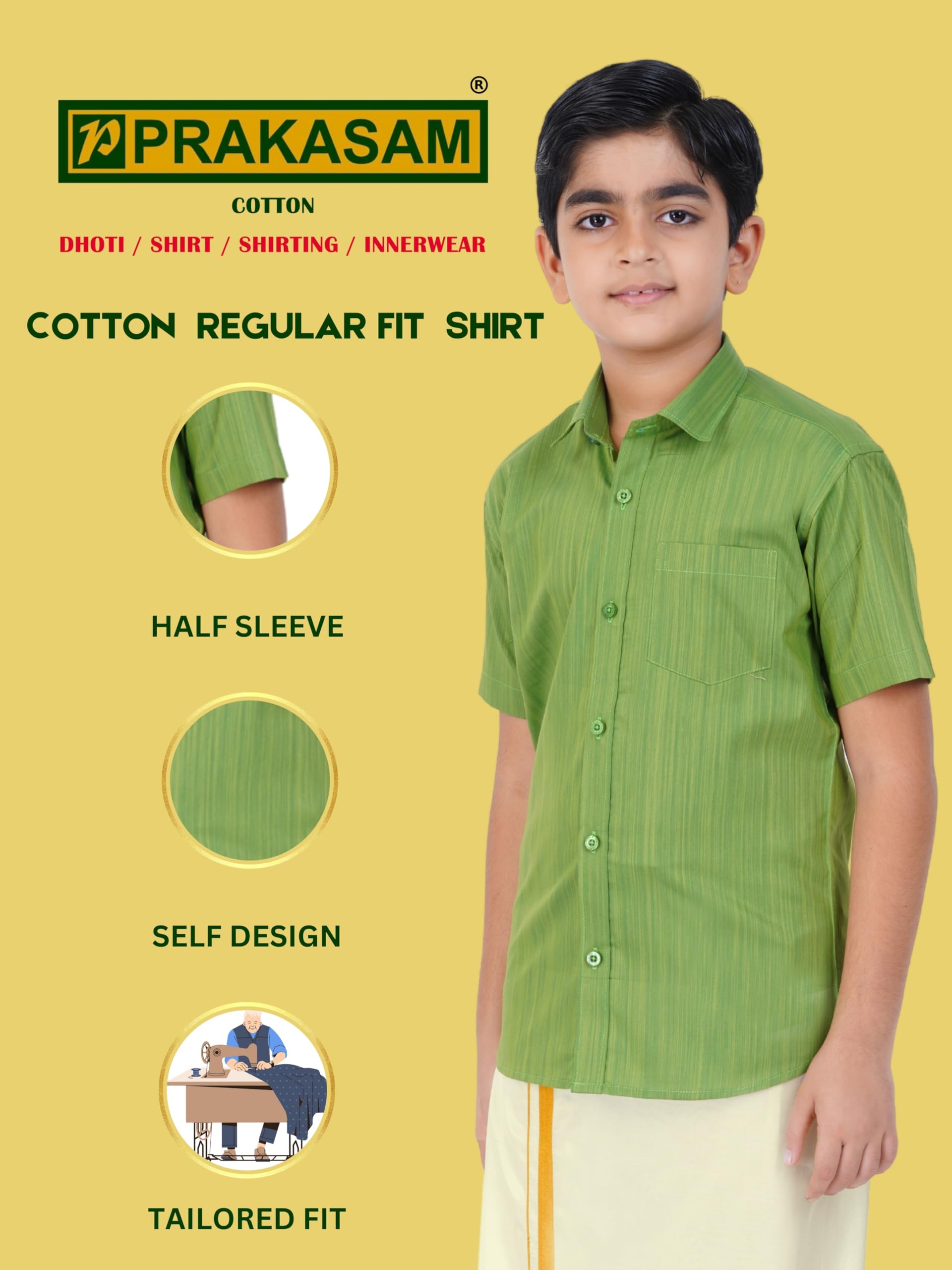 Boys Cotton Half Sleeve Self Design Shirt With Stitched Art Silk Dhoti For Boys (Madriyad-Green)