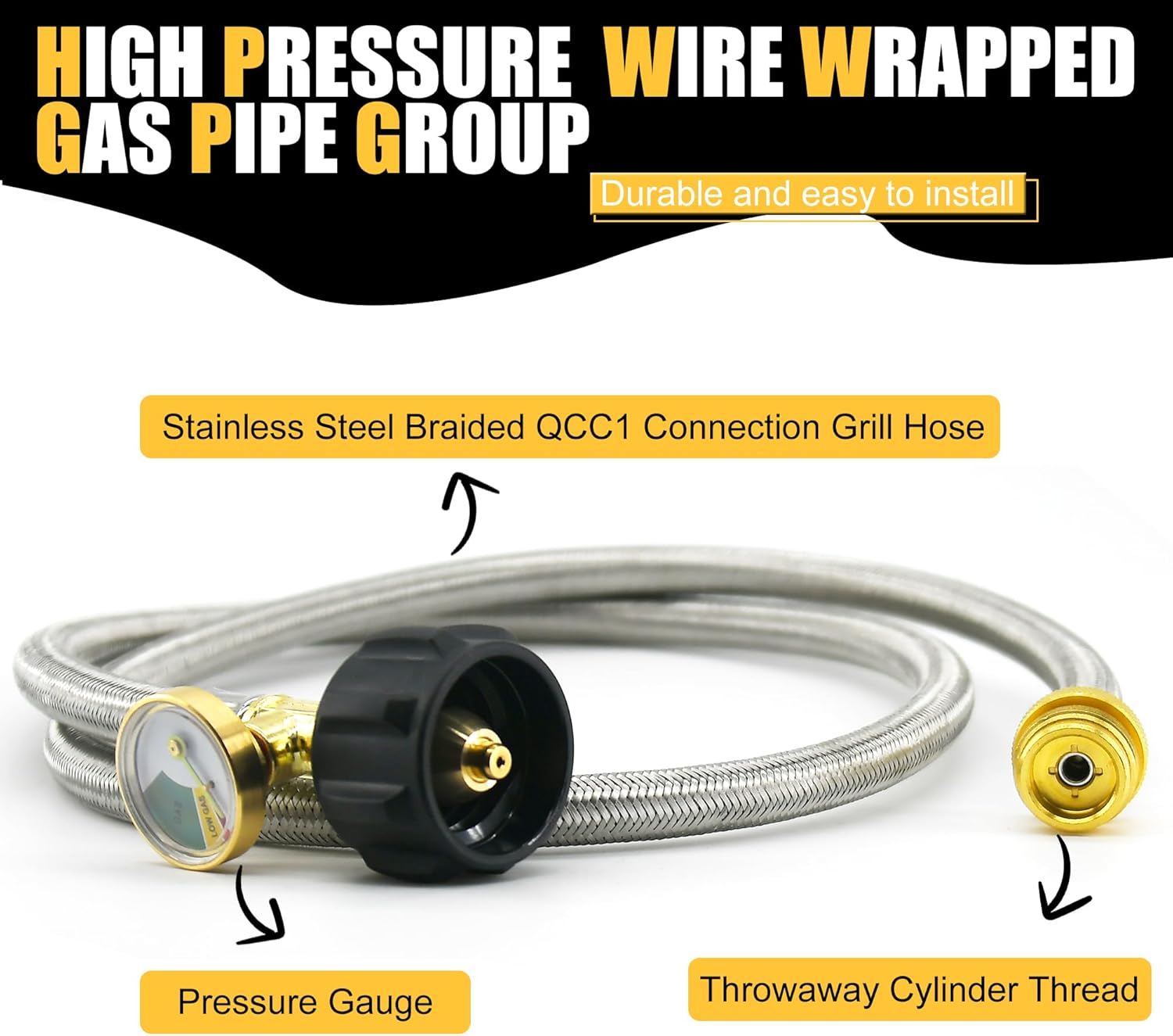8ft Stainless Steel Braided Propane Hose Adapter with Gauge – 1lb to 20lb Tank Converter for Grills, Outdoor Heaters & Camping Stoves, Heavy-Duty and Leak-Proof