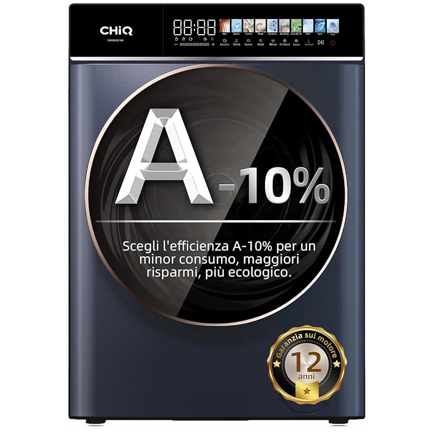 CHiQ CW106581AX Lavatrice a Carica Frontale-10kg, Classe A-10%, Motore inverter BLDC, 1400 giri/min, 12 cicli di lavaggio, lavaggio a vapore Steam Care, lavaggio one-touch, Touchscreen LED