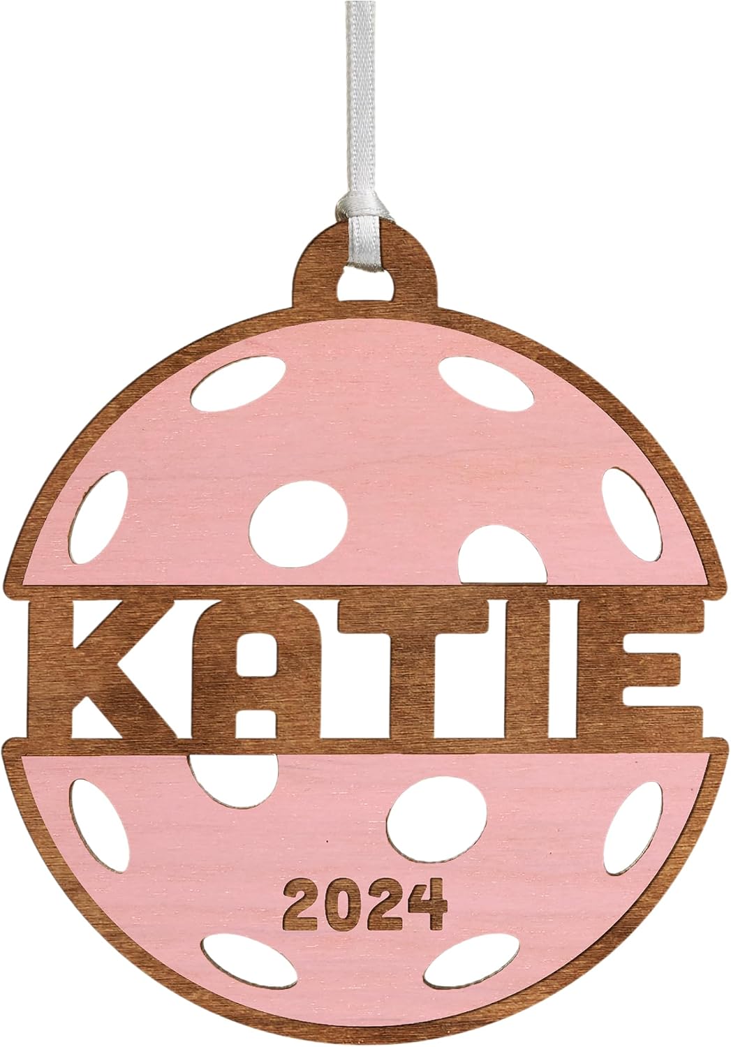 Personalization Universe Pickleball Personalized Wood Ornament - Engraved Name & Optional Year - Genuine Wood with Ribbon, 3 3/4" Diameter - Unique Christmas Ornament Gift - Made in USA - Whitewashed