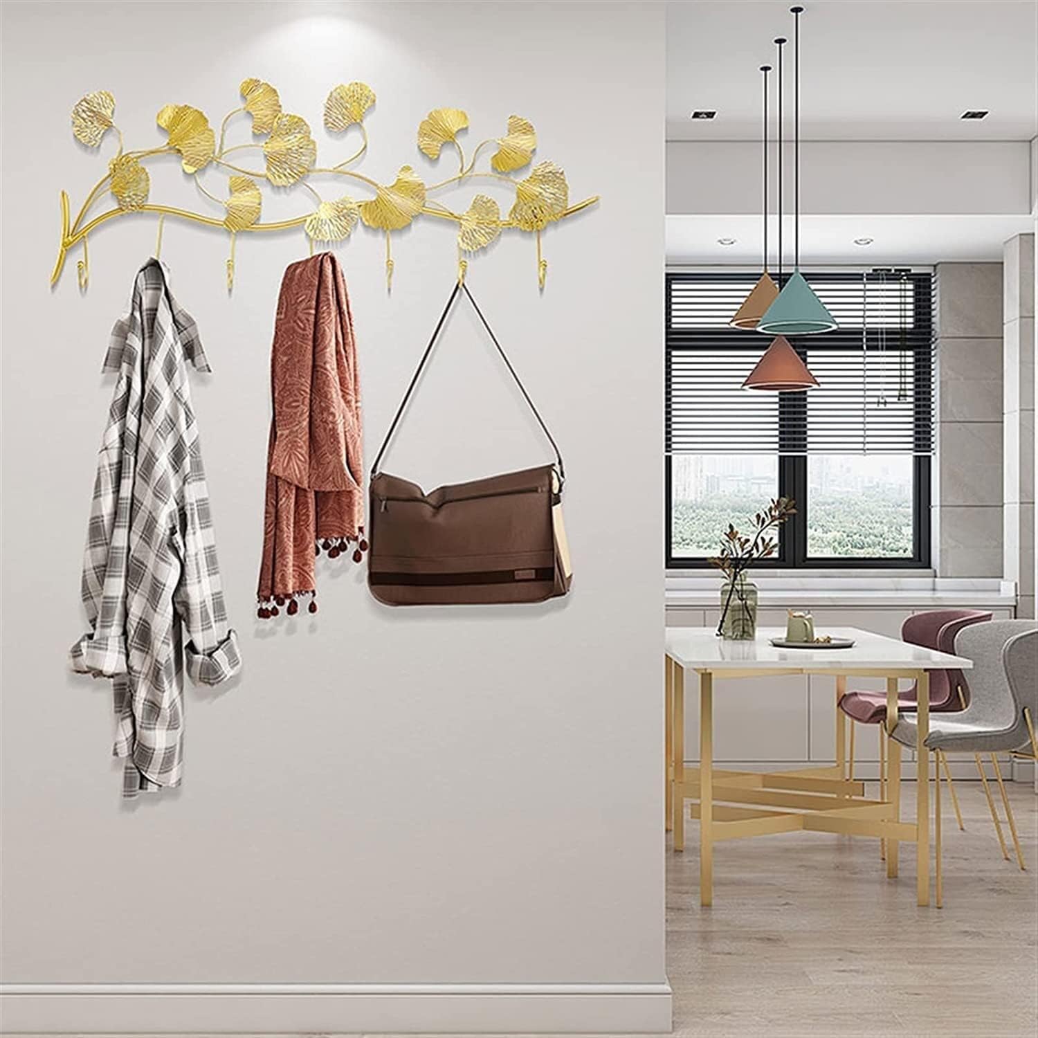 Coat Hooks Rack Gold Decorative Wall 7 Hooks,Gold Leaf Shaped Wall Hook for Coat Towel Bag Organizer Hat Key Cup Hanging Clothes Hat Towel
