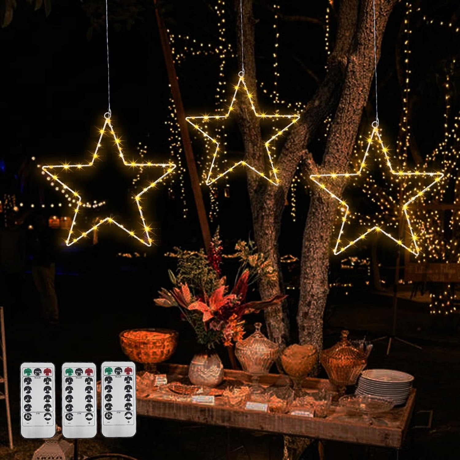 LED Christmas Star Lights - 8 Light Effects with Remote, Battery Operated Star with Timer for Home, Party, Garden, Patio, Porch - Warm White (3 Pack)