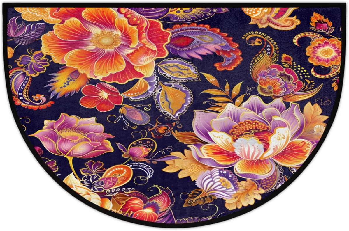 Flower Boho Ethnic Half Round Doormat Washable Semi Circle Rug Non Slip Half Moon Rug Floor Mat for Indoor Outdoor Bathroom Kitchen Fireplace Entryway Bath Holiday Decor
