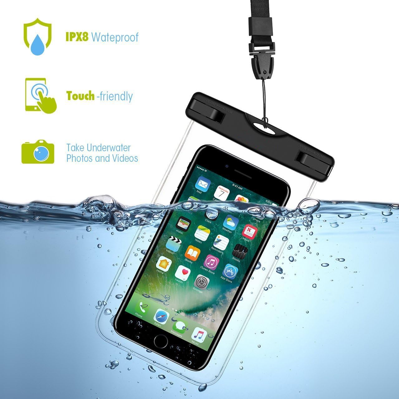 LENPOW Universal Waterproof Case, 2-Pack Clear IPX8 Waterproof Phone Pouch Lanyard Dry Bag for iPhone 14 13 12 11 Pro Max X Plus Samsung Galaxy S22 S21 S20 S10 Edge Note Google HTC OnePlus up to 8"