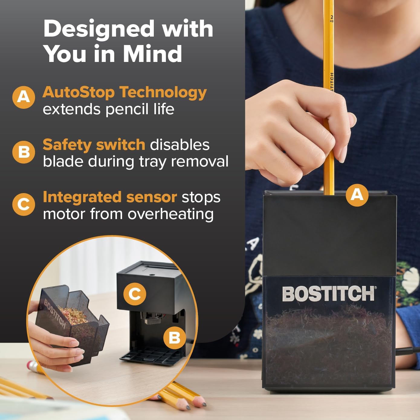 Bostitch Konnect Rechargeable Battery Pencil Sharpener for KT2 Desk Organizer No.2/Colored Pencils, Black